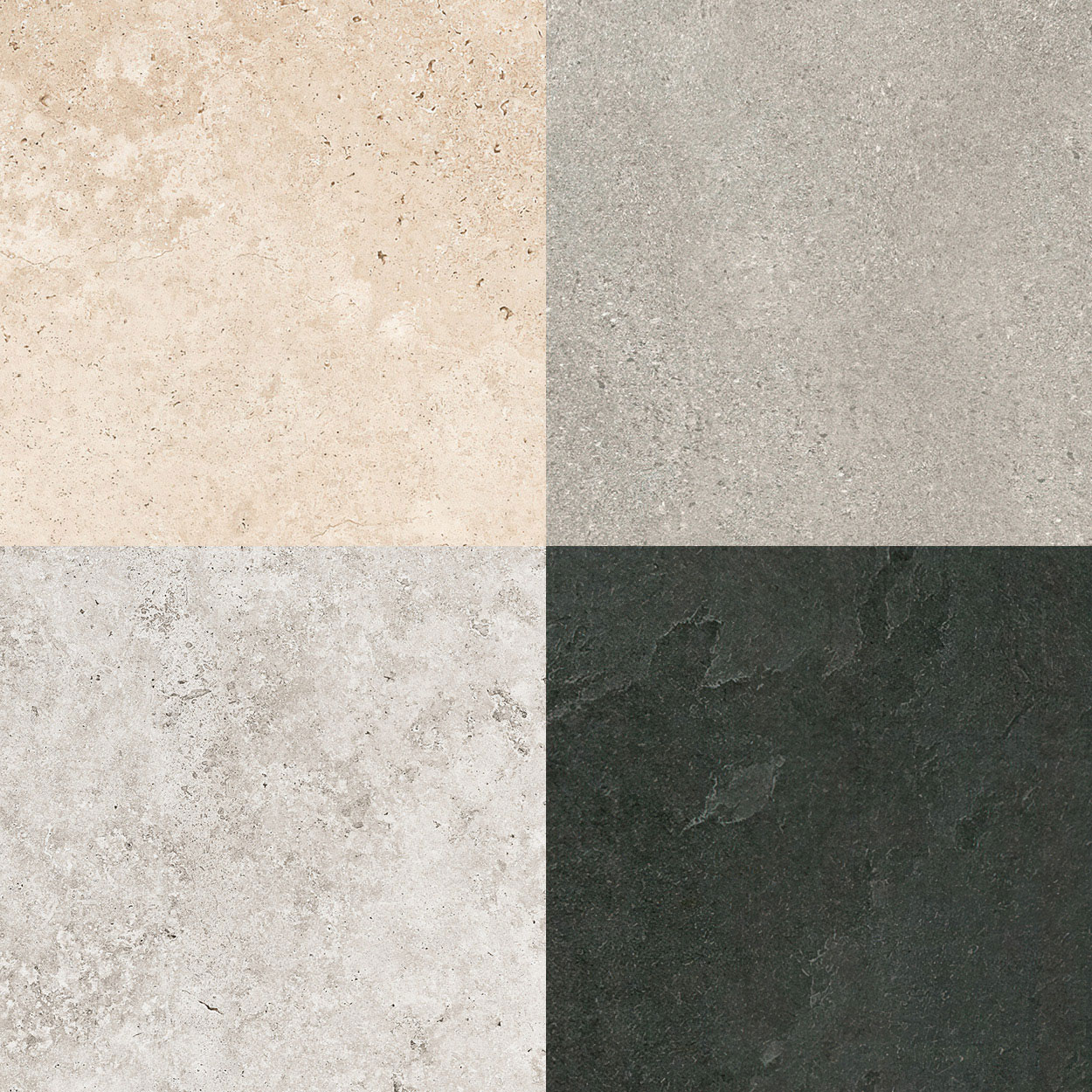 Quatre échantillons de matériaux pour piscines coque, chaque quadrant illustrant une texture et couleur unique : beige clair rustique, gris clair moderne, gris foncé sophistiqué, et noir élégant pour divers designs extérieurs.