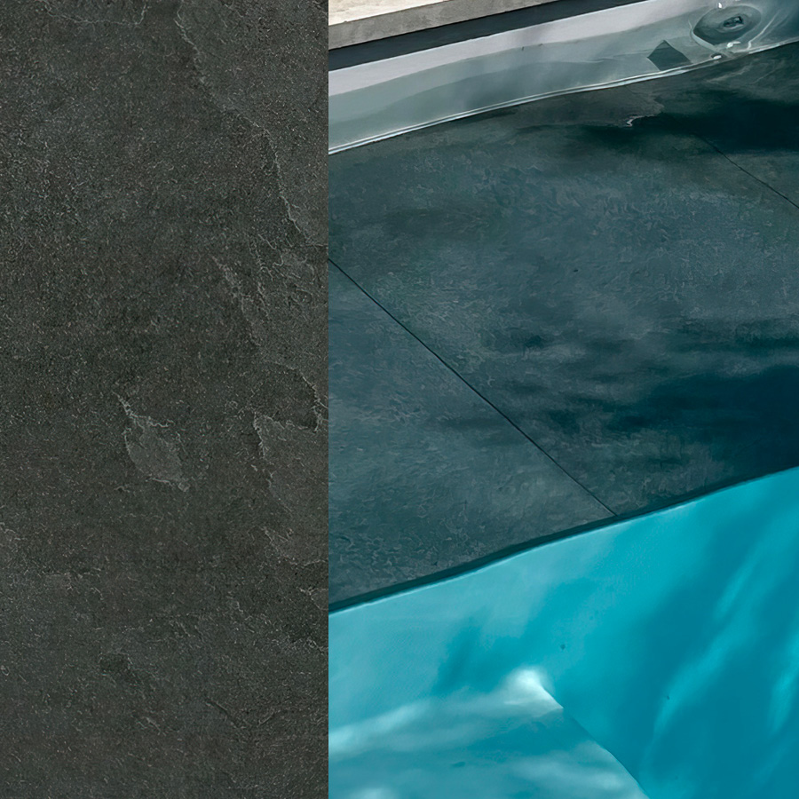 Piscine coque moderne avec revêtement effet ardoise et eau turquoise, illustrant élégance et durabilité pour espaces extérieurs.