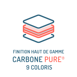 Logo illustrant la gamme premium de piscines coque en carbone pure avec options personnalisables en neuf coloris, mettant en valeur la finition haute qualité et le design moderne pour aménagement extérieur.