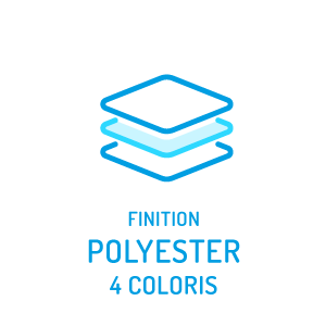 Logo de spécialiste en piscines en coque, soulignant la robustesse et la qualité, avec la mention 'Finition Polyester 4 Coloris' sur fond bleu, représentant l'offre de personnalisation en quatre couleurs.